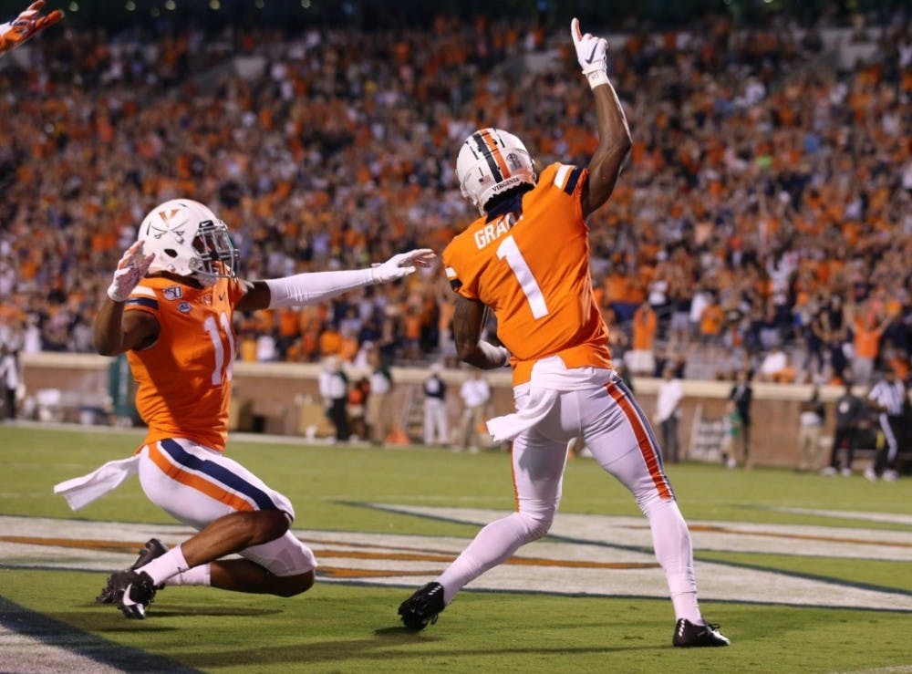 Junior cornerback Nick Grant celebrates after he returns his first career interception for a touchdown against William &amp; Mary.