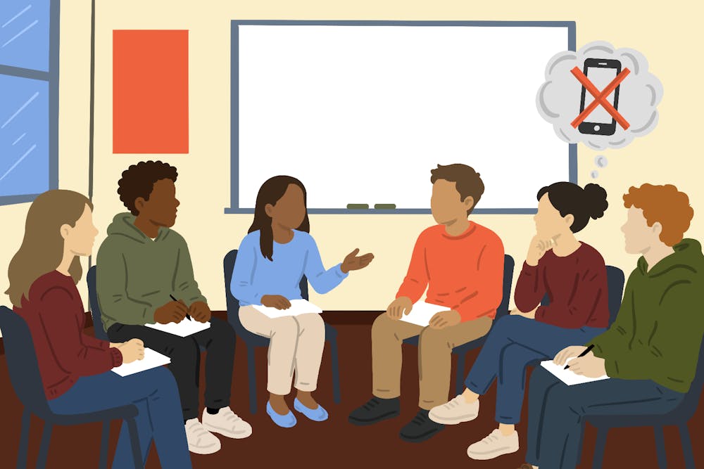 The classes ask students to “refrain” from using all devices during class time, with the goal of encouraging students to “develop a more thoughtful relationship with their devices."