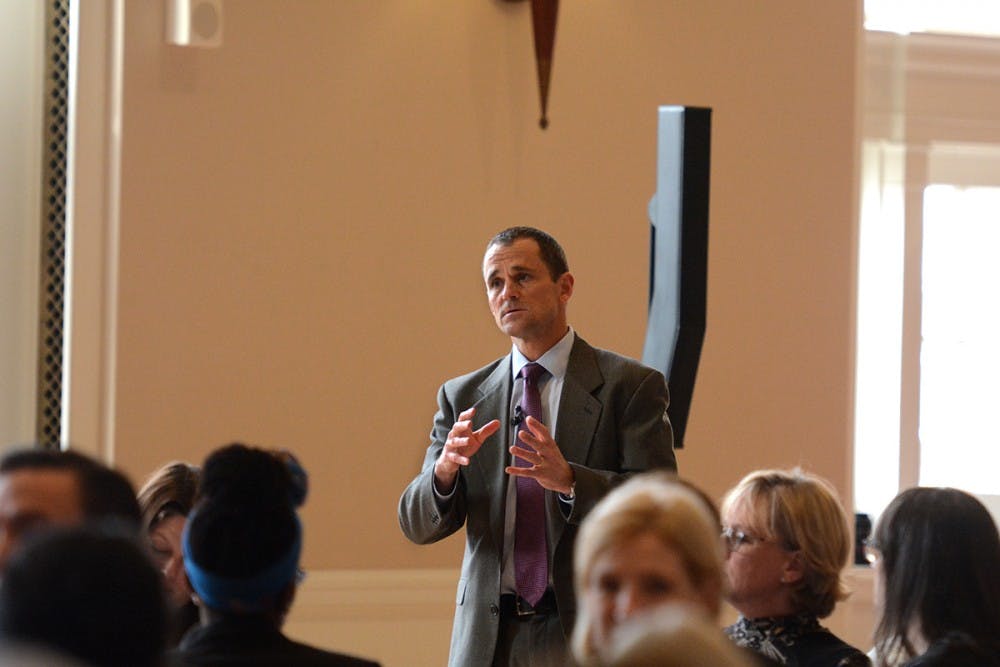 University President Jim Ryan speaks at the Ours To Shape event in Newcomb Hall Tuesday afternoon.