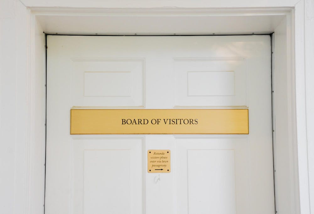 The plaque outside of the Board of Visitors meeting room in the Rotunda, photographed June 18, 2025.