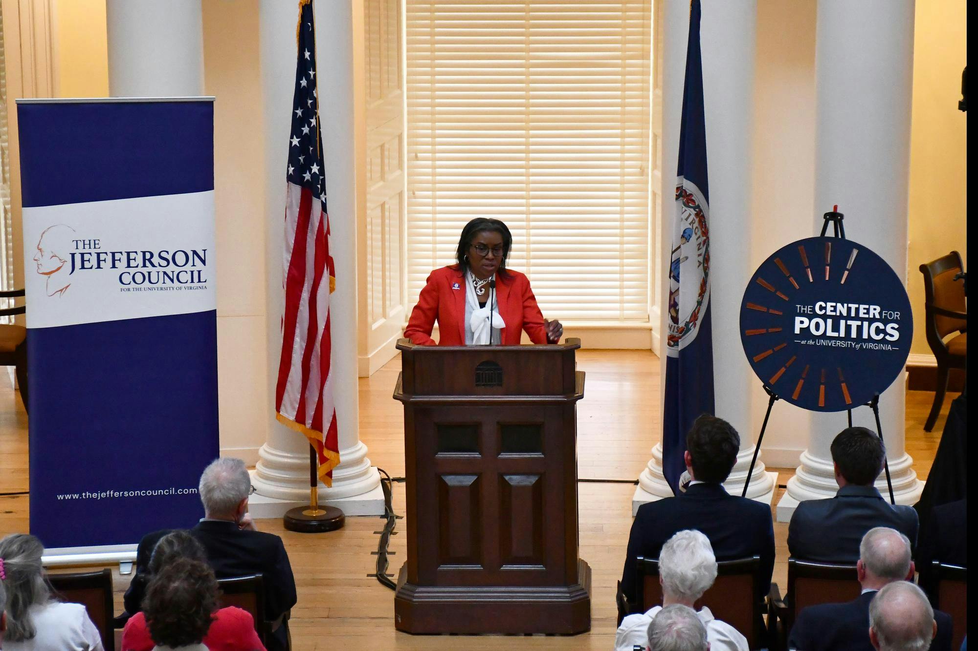 The event, co-sponsored by the Center for Politics and the Jefferson Council, was the lieutenant governor’s first public appearance at the University of the 2025 campaign.