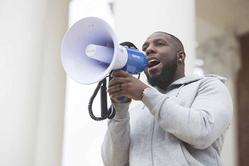 Bellamy speaking at&nbsp;a rally against President Donald Trump's immigration policies in January.&nbsp;