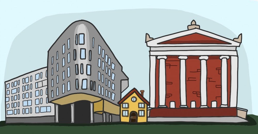 The architecture of the University and recent luxury buildings work together to encroach on Charlottesville spaces.