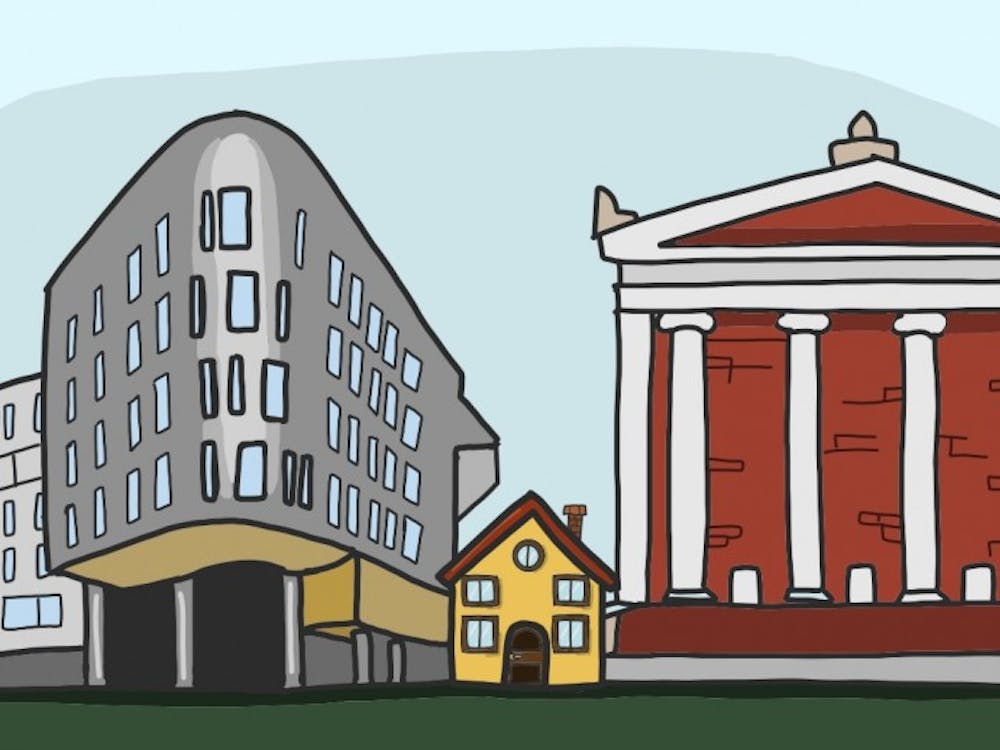 The architecture of the University and recent luxury buildings work together to encroach on Charlottesville spaces.