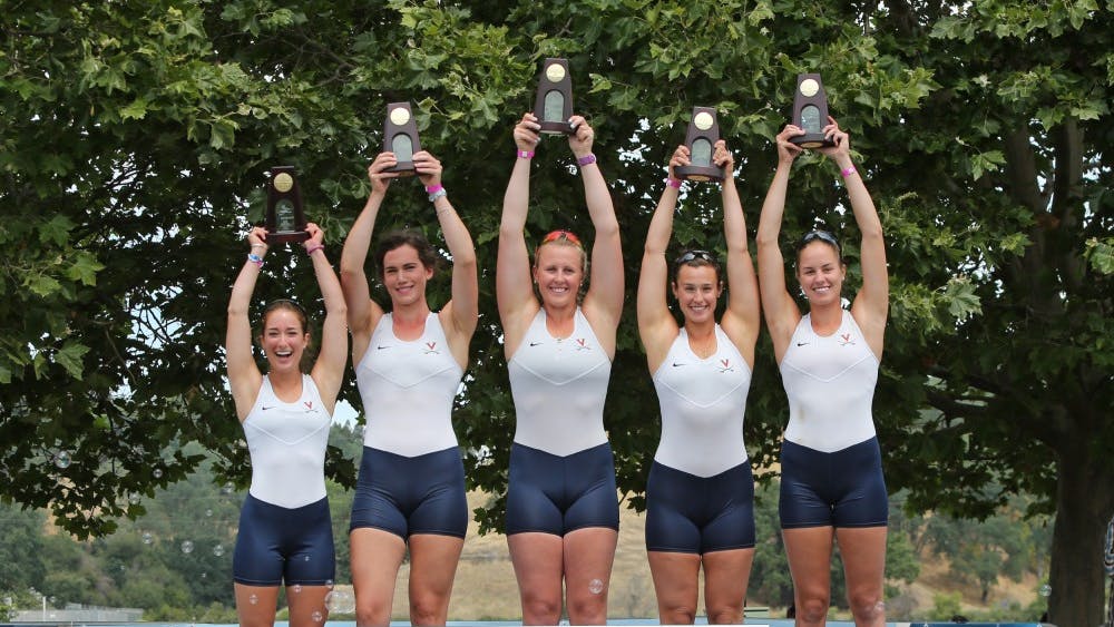 Virginia's Varsity Four edged Yale by 16 hundredths of a second for the NCAA title. Pictured, from left to right: senior coxswain Julia Roithmayr, senior stroke Maggie Bowman-Jones, sophomore three-seat Marijane Brennan, junior two-seat Hannah Solis-Cohen and sophomore bow Ellen Pate.