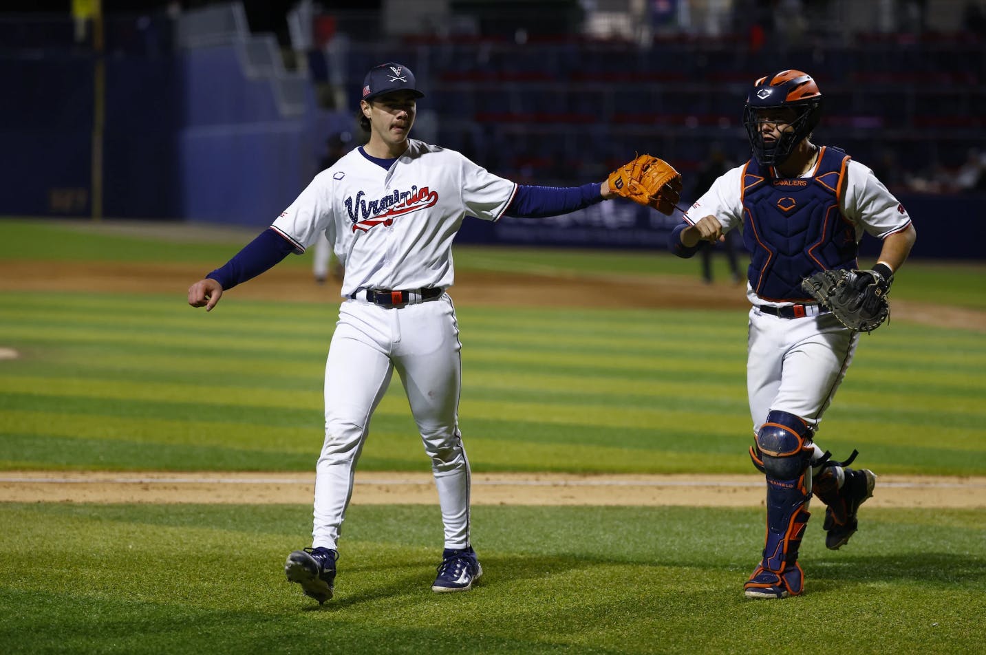 Despite trailing as late as the seventh inning, an offensive explosion powered Virginia to an eight-inning win over Maryland.