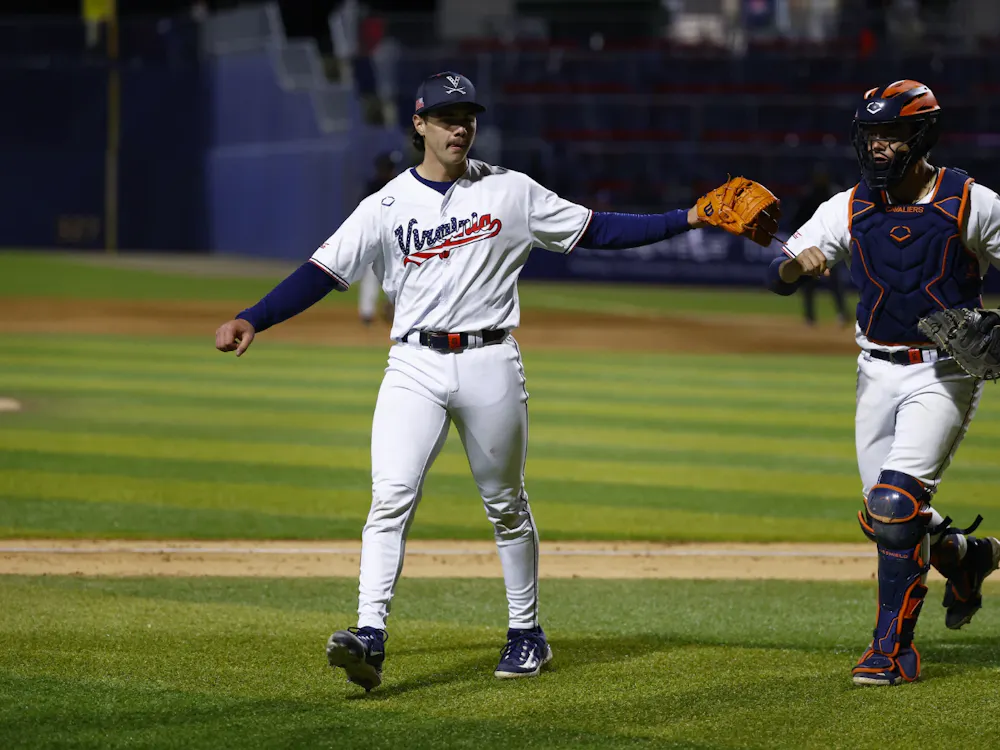 Despite trailing as late as the seventh inning, an offensive explosion powered Virginia to an eight-inning win over Maryland.