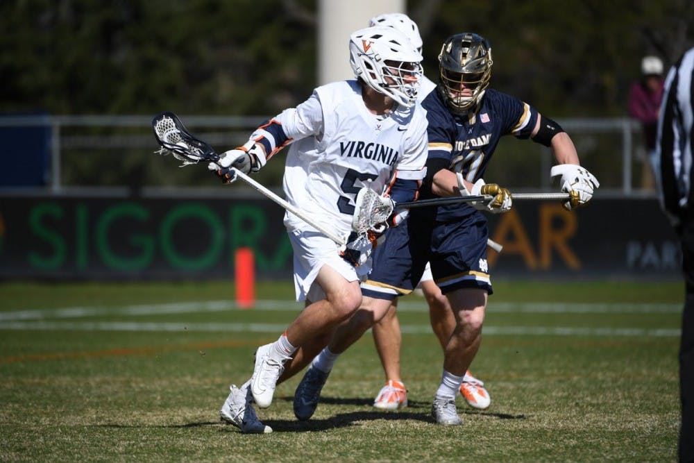 Sophomore attackman Matt Moore recorded four points against No. 7 Notre Dame with a goal and three assists.