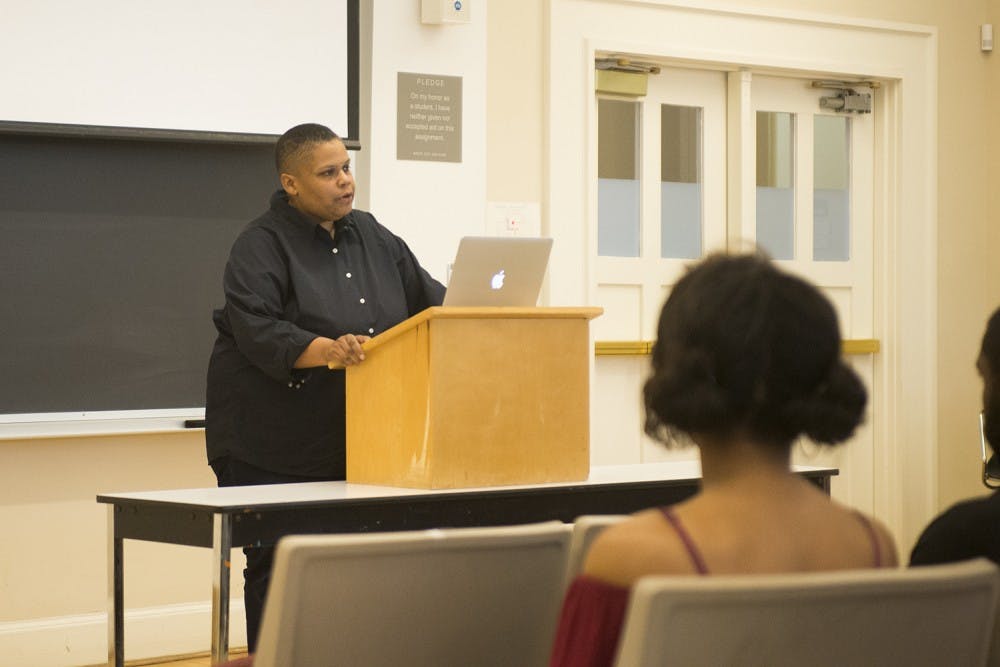 <p>Taylor delivering her lecture, "Black Lives Matter in the Trump Era."</p>