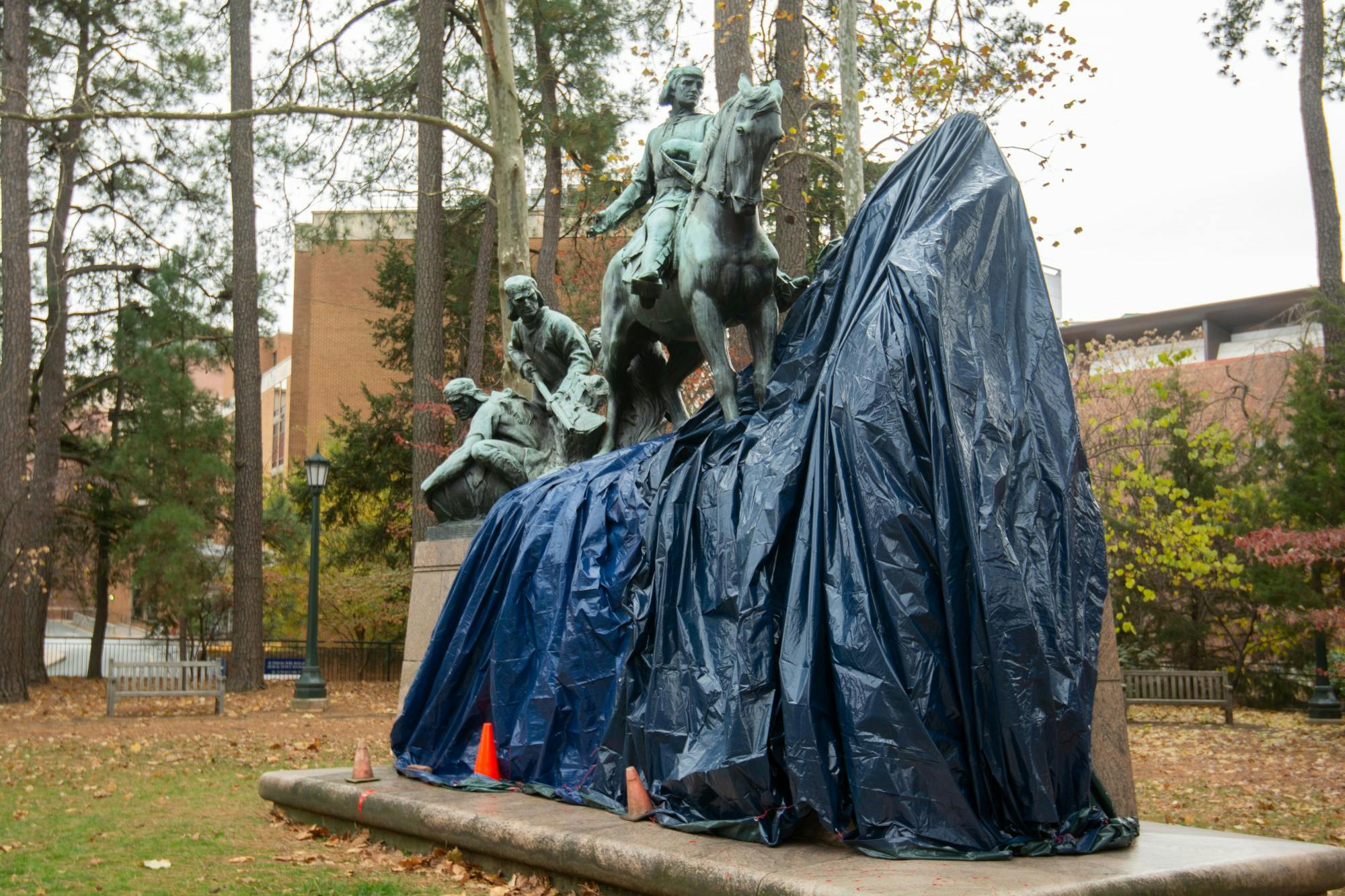 The George Rogers Clark statue was covered with black tarp following the incident.