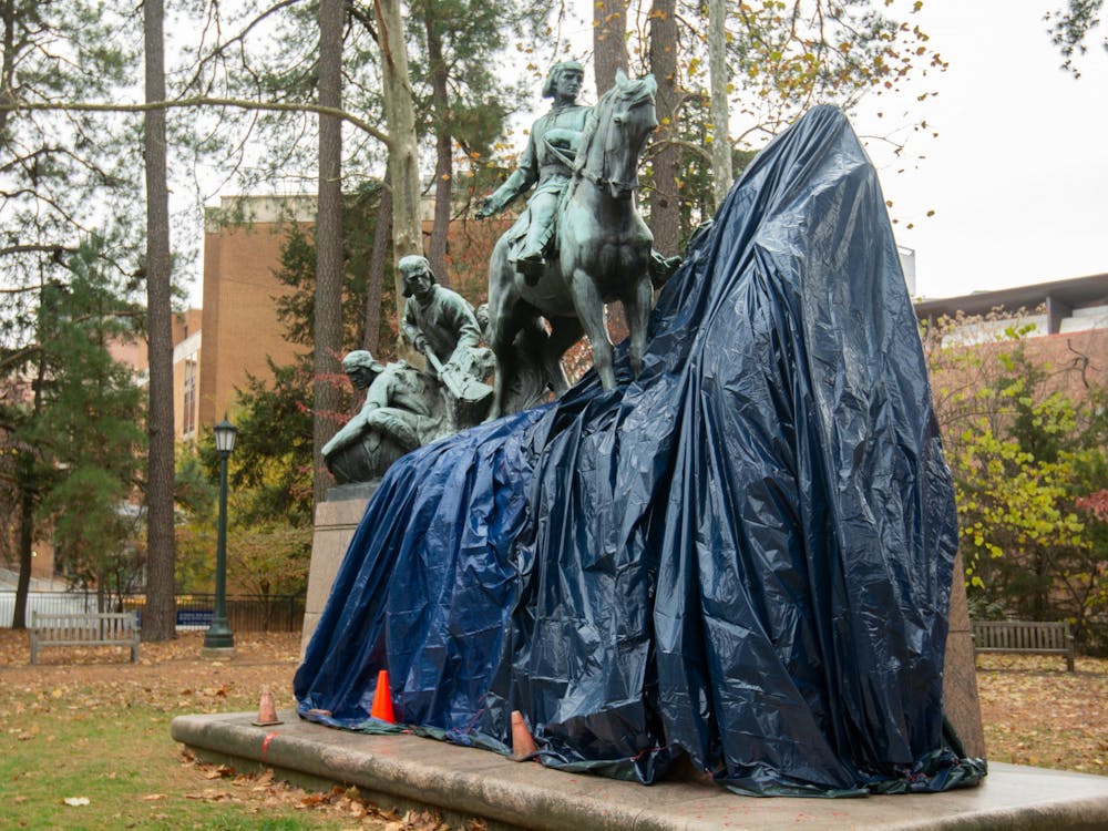 The George Rogers Clark statue was covered with black tarp following the incident.