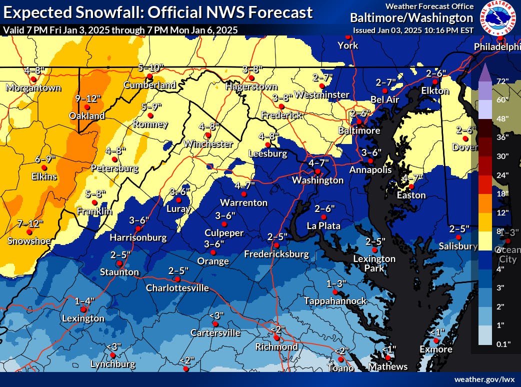 The expected amount of snow is 3 inches, with the lower and higher estimates being 1 and 6 inches.