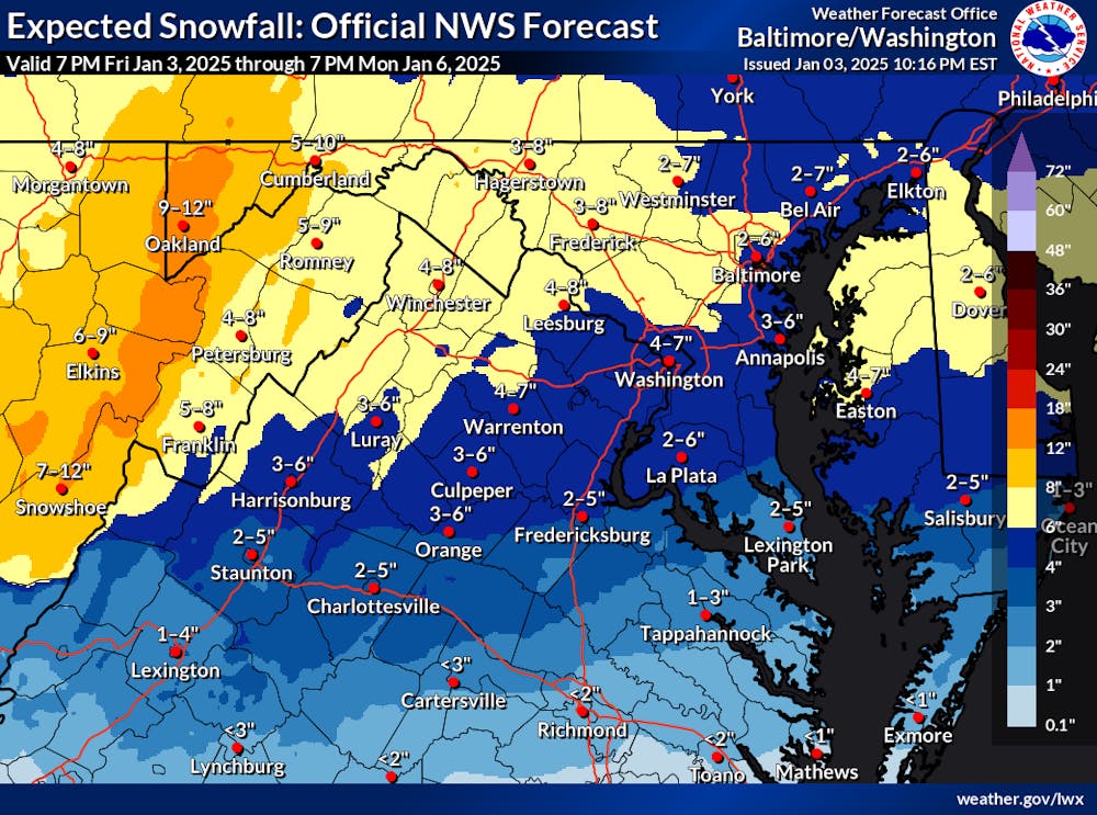 <p>The expected amount of snow is 3 inches, with the lower and higher estimates being 1 and 6 inches.</p>