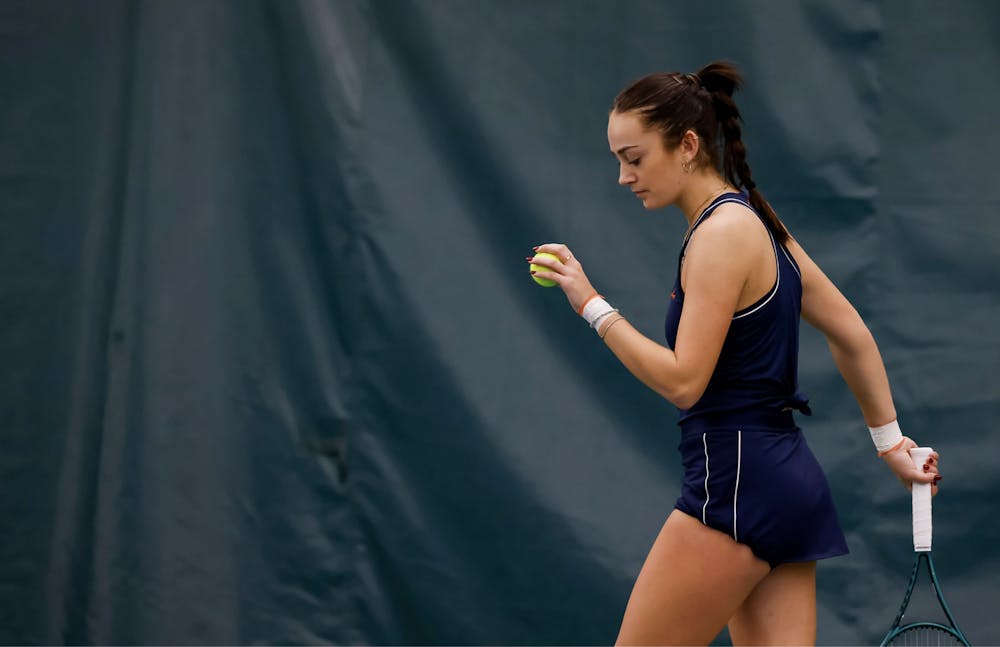 <p>With a win on Court 4, sophomore Isabelle Lacy extended her spring record to 6-0.</p>