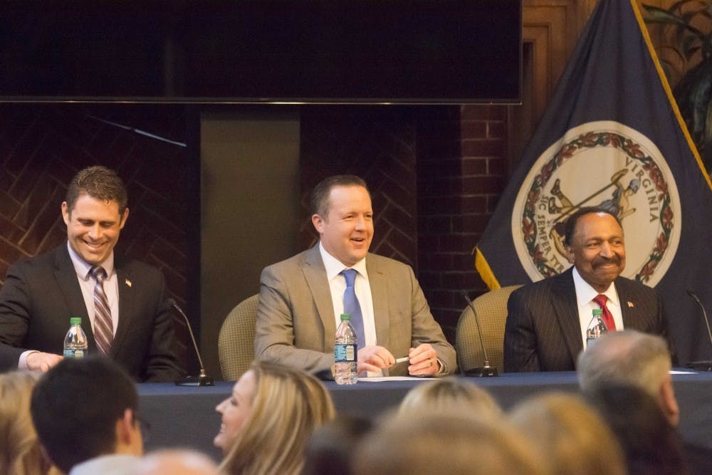 At a debate, Del. Nick Freitas (left), Republican nominee for U.S. Senate Corey Stewart (center) and pastor E.W. Jackson (right). 