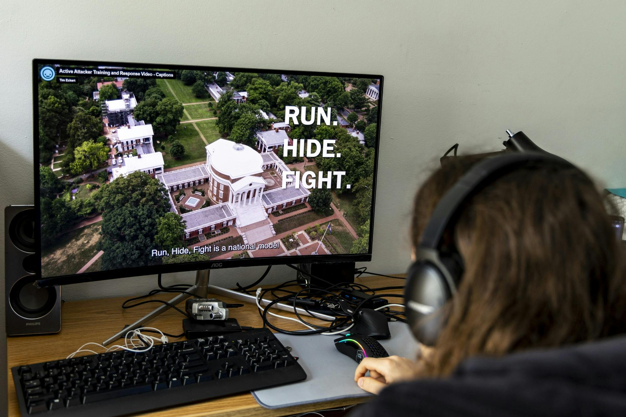 Most of the training depicts a simulated active shooter situation in familiar locations around Grounds, featuring people running from Newcomb, barricading in classrooms and hiding in the Student Health and Wellness building.&nbsp;