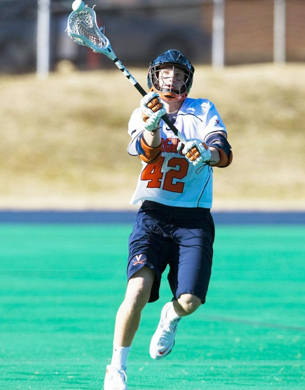 Virginia midfielder Max Pomper (42) in action against Navy.  The Virginia Cavaliers scrimmaged the Navy Midshipmen in lacrosse at the University Hall Turf Field  in Charlottesville, VA on February 2, 2008.