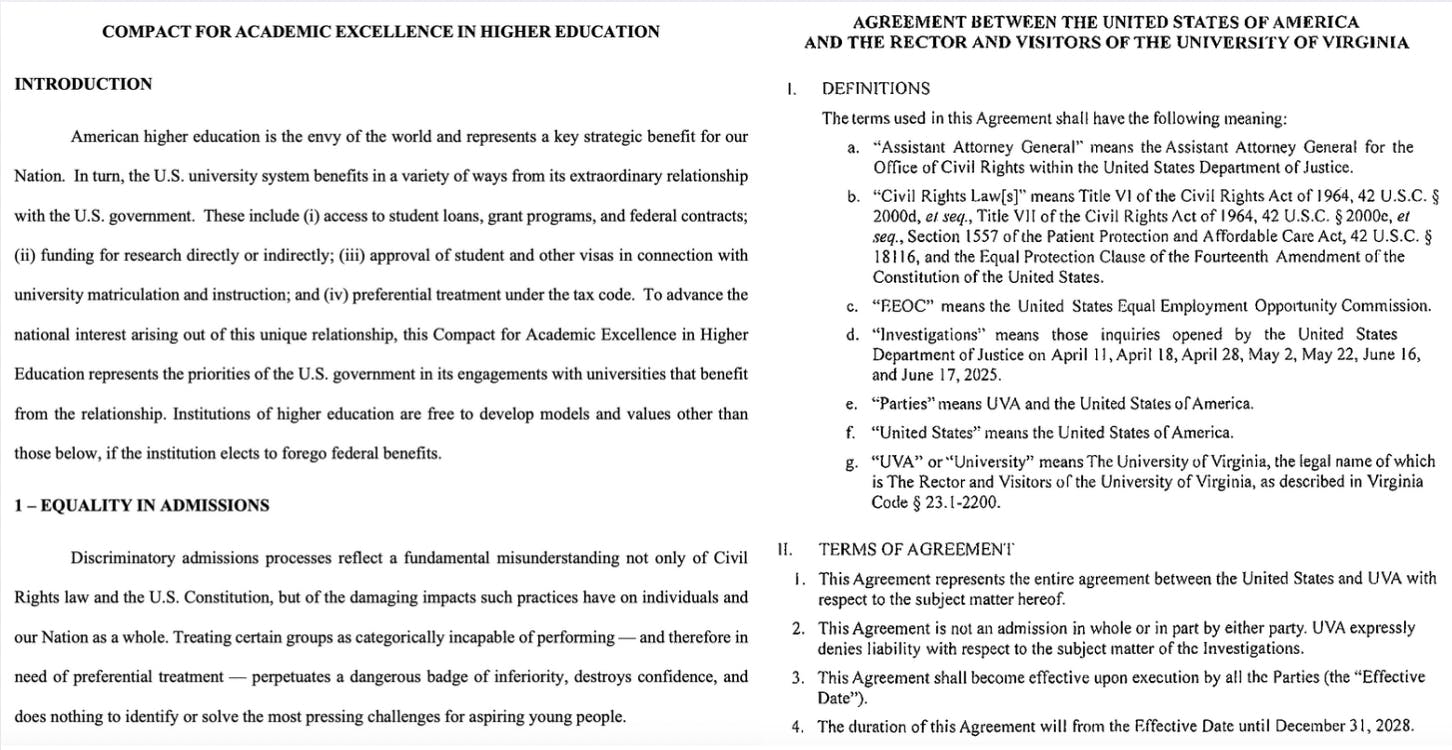 The Compact for Academic Excellence in Higher Education and the University's agreement with the Justice Department, side-by-side.