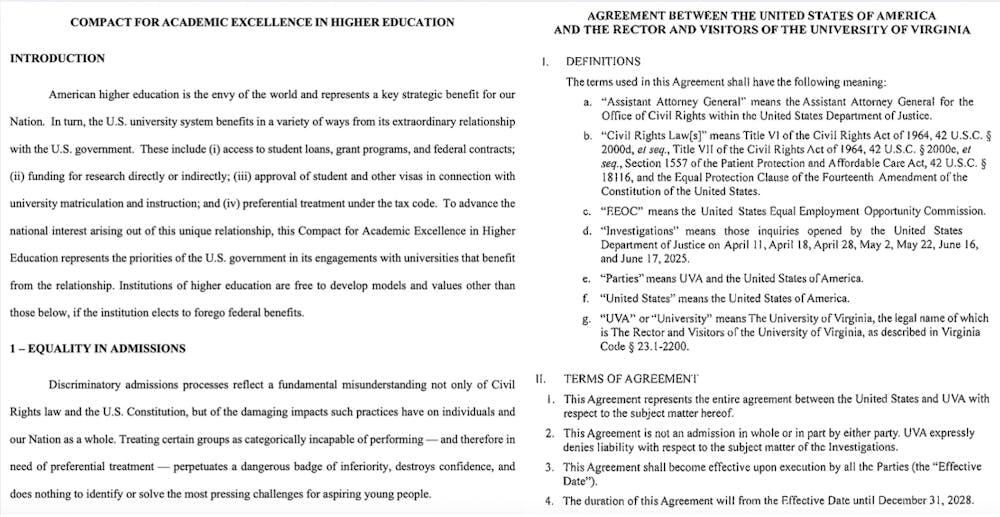 The Compact for Academic Excellence in Higher Education and the University's agreement with the Justice Department, side-by-side.
