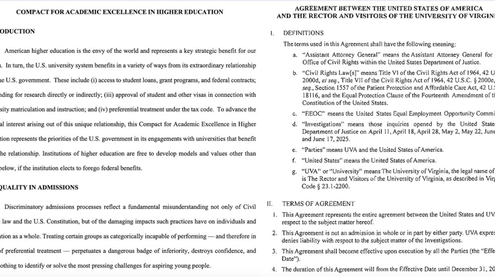 The Compact for Academic Excellence in Higher Education and the University's agreement with the Justice Department, side-by-side.