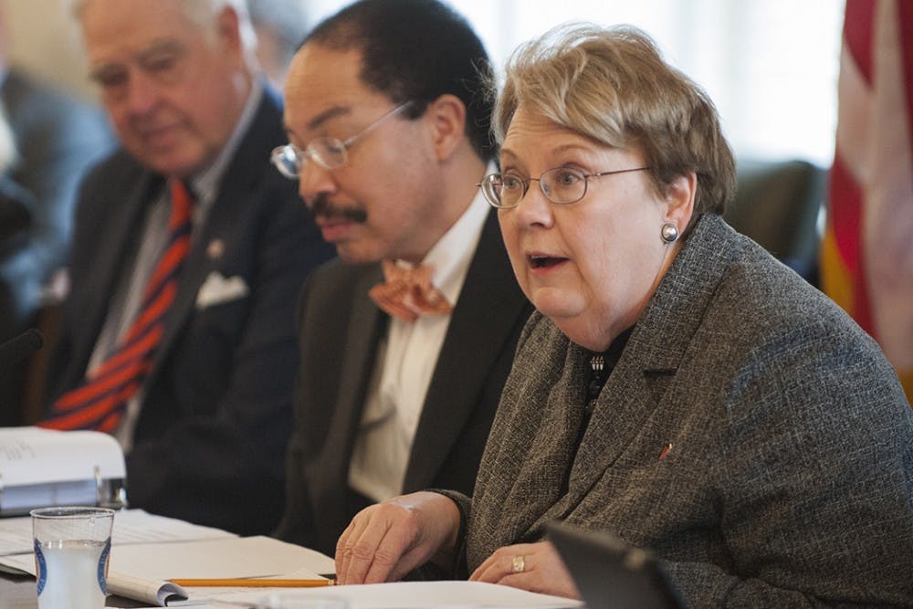 University President Teresa Sullivan speaking at a Board of Visitors meeting.&nbsp;