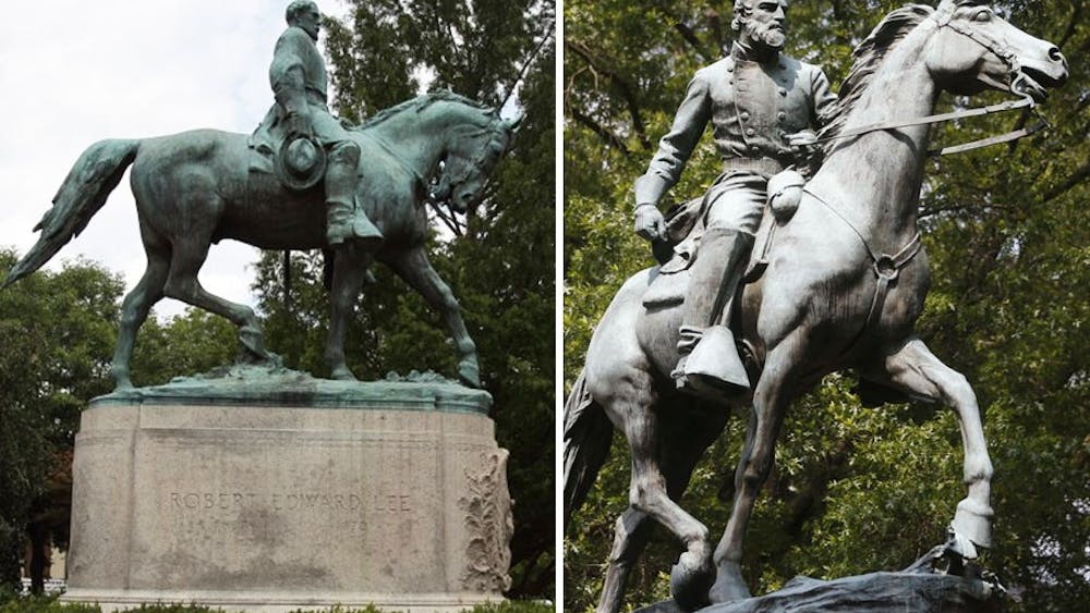 The Robert E. Lee statue (left) and Stonewall Jackson statue (right) were funded by McIntire.&nbsp;