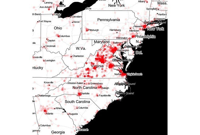 In light of the outside individuals that are seeking to influence the survey — many of whom may have come from white nationalist forums — City Council must commit to limit how many individuals outside Charlottesville can vote in the most recent survey. &nbsp;Graphic created with GGMap, a data visualization tool by D. Kahle and H. Wickham.
