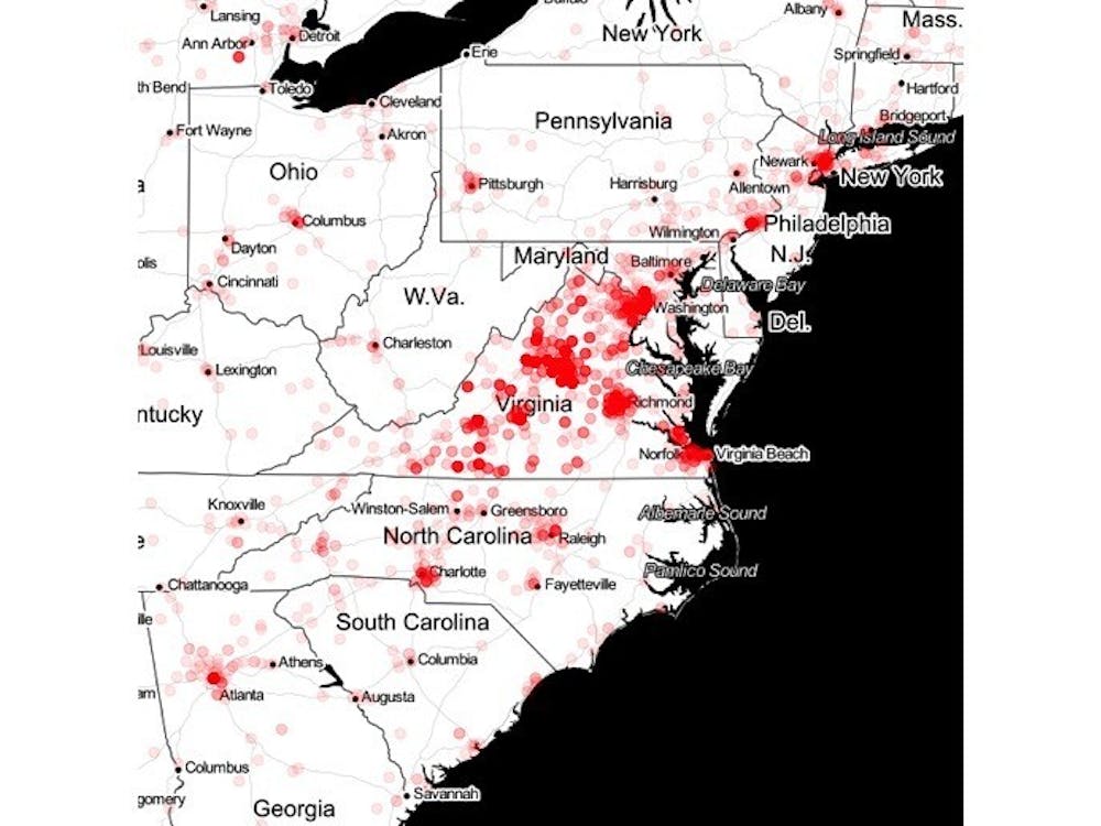 In light of the outside individuals that are seeking to influence the survey — many of whom may have come from white nationalist forums — City Council must commit to limit how many individuals outside Charlottesville can vote in the most recent survey. Graphic created with GGMap, a data visualization tool by D. Kahle and H. Wickham.