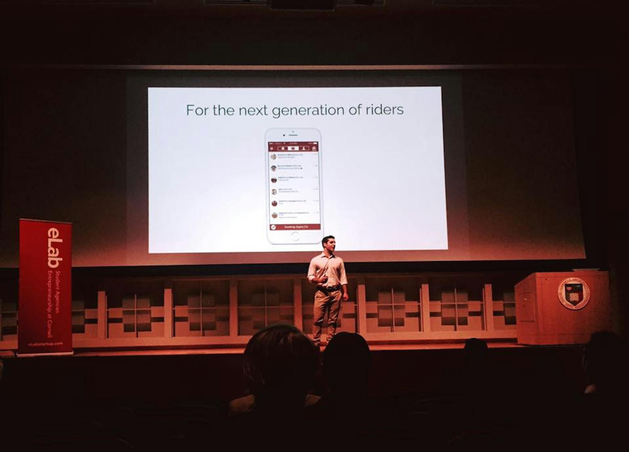 Brian Schiff '18, one of RedRoute's founders, presents the app at eLab's Demo Day April 14.