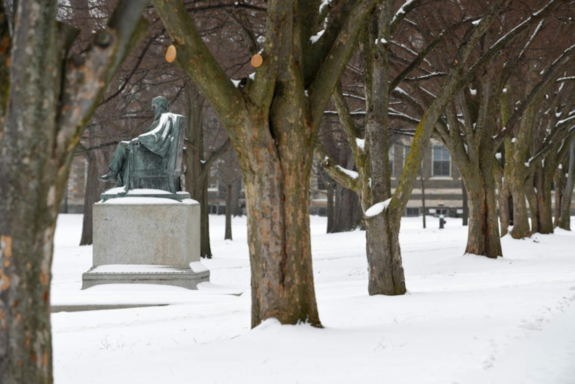 Snow accumulates on the Arts Quad during the winter storm warning on Tuesday. (Boris Tsang / Sun Assistant Photography Editor)