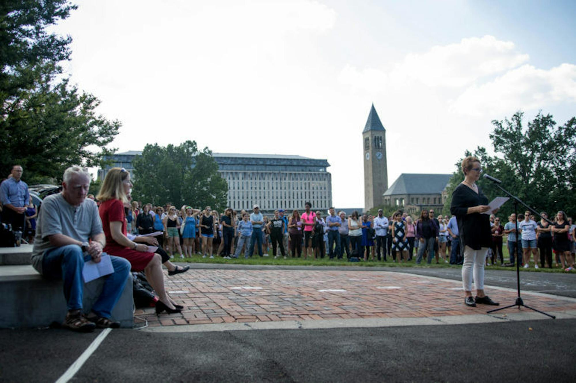 Prof. Tracy McNulty, French and comparative literature, addresses the crowd on the Arts Quad on Sept. 27, 2017 (Michael Wenye Li/Sun Assistant Photography Editor)