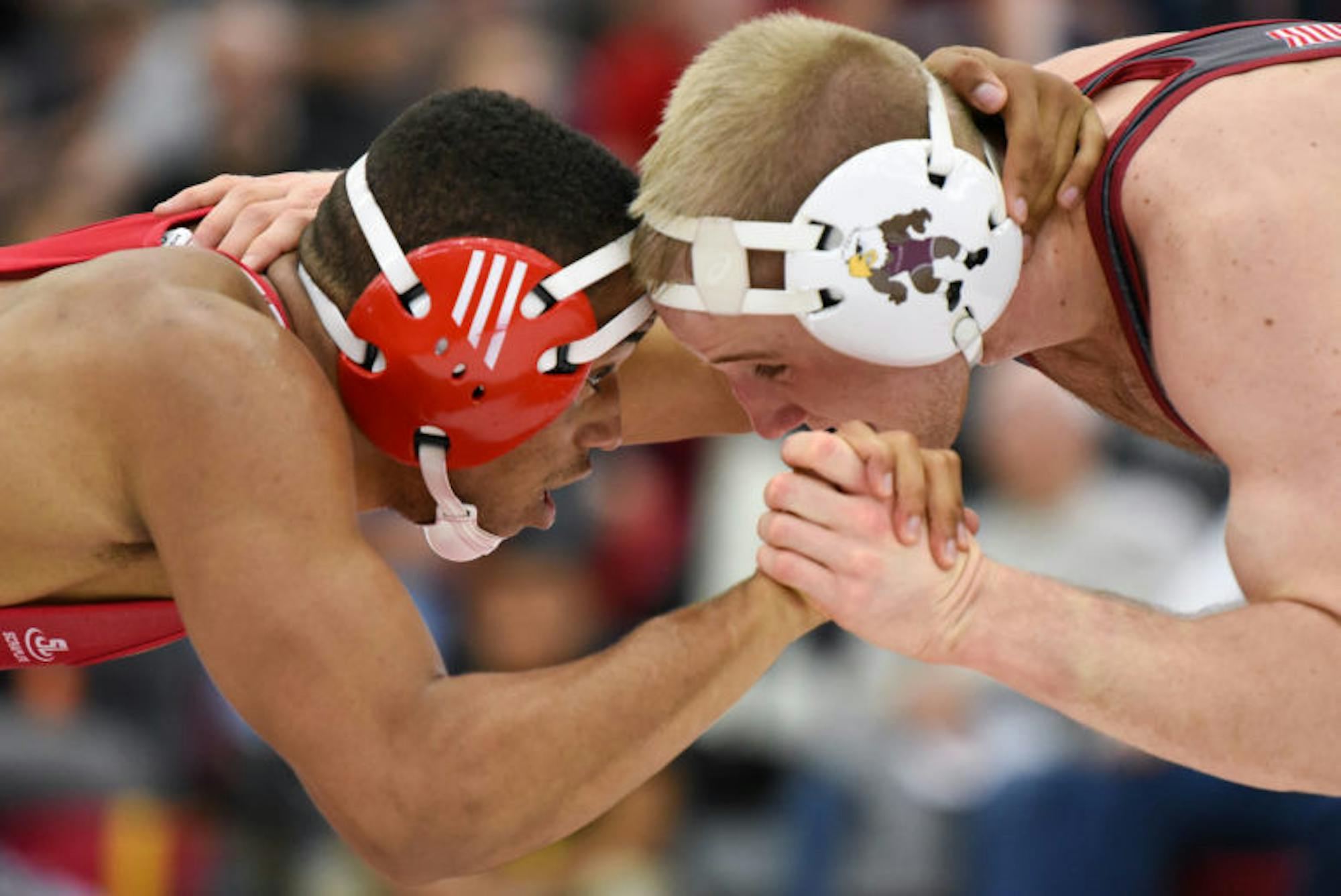 Junior Chas Tucker grapples with his opponent at the wrestling match against Lock Haven on Saturday. (Boris Tsang / Sun Assistant Photography Editor)
