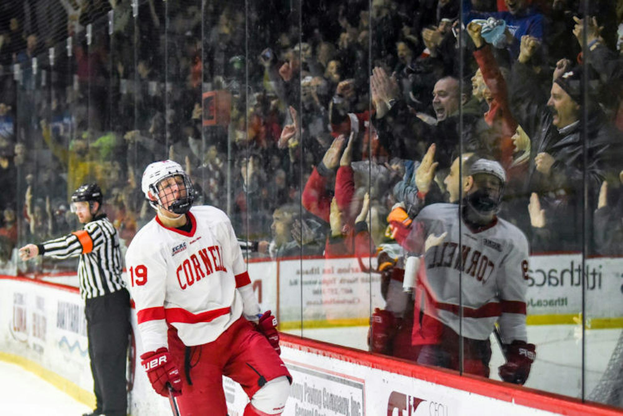 Fans pound the glass as freshman forward Michael Regush celebrates his goal over Clarkson on Friday. The Red went on to win the top-10 matchup 5-0. (Boris Tsang / Sun Assistant Photography Editor)