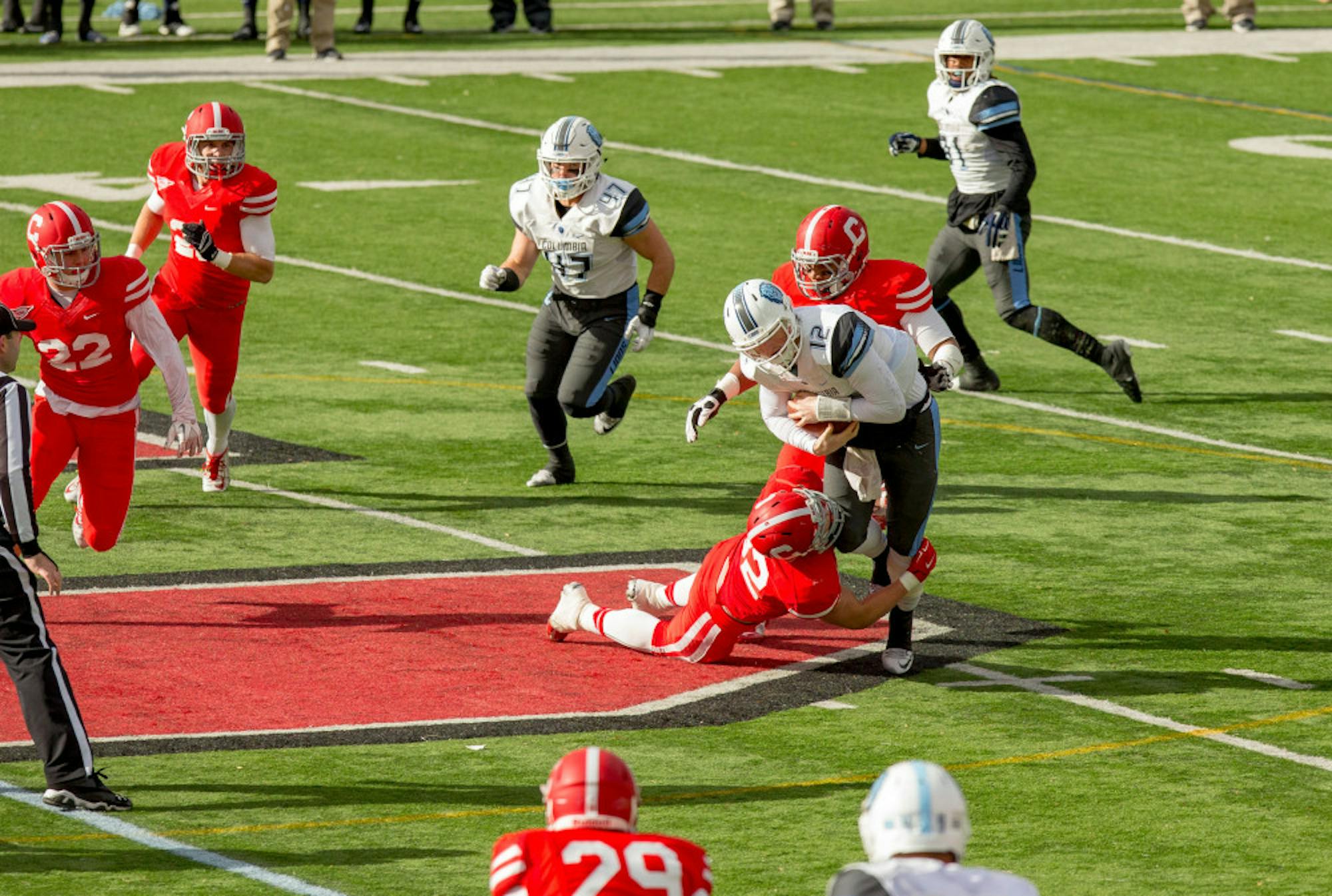 Senior JJ Fives had a sack on senior day for the Red. (Courtesy of Dave Burbank)