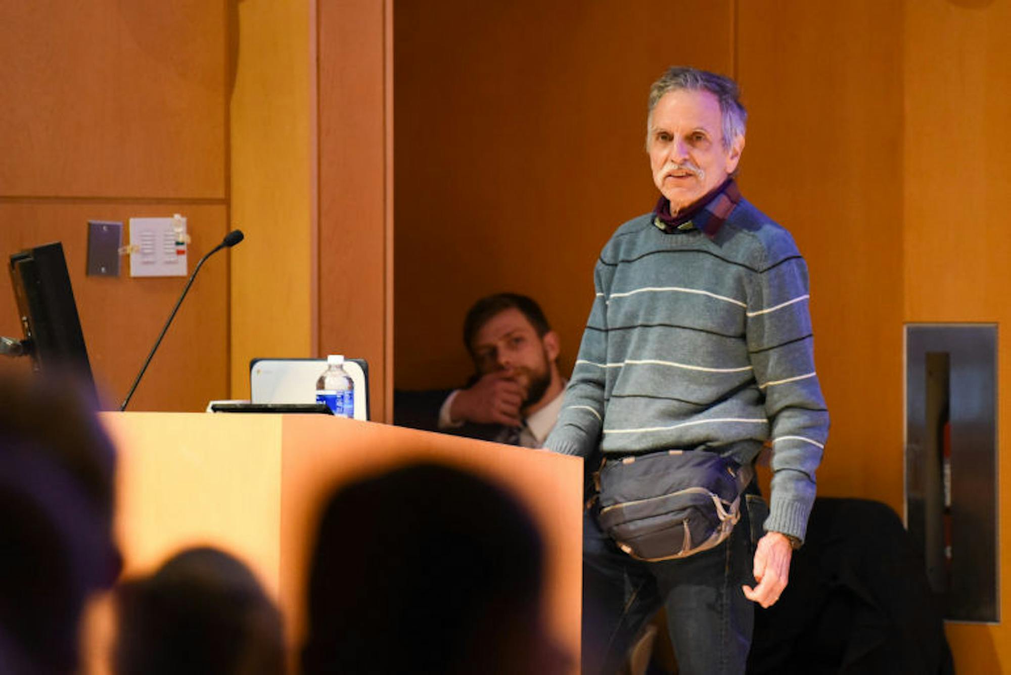 Prof. Harold Hodes, philosophy, argues in favor of preserving philosophy at the Apocalypse Debate at Klarman Hall on November 5th, 2019. (Boris Tsang/Sun Photography Editor)