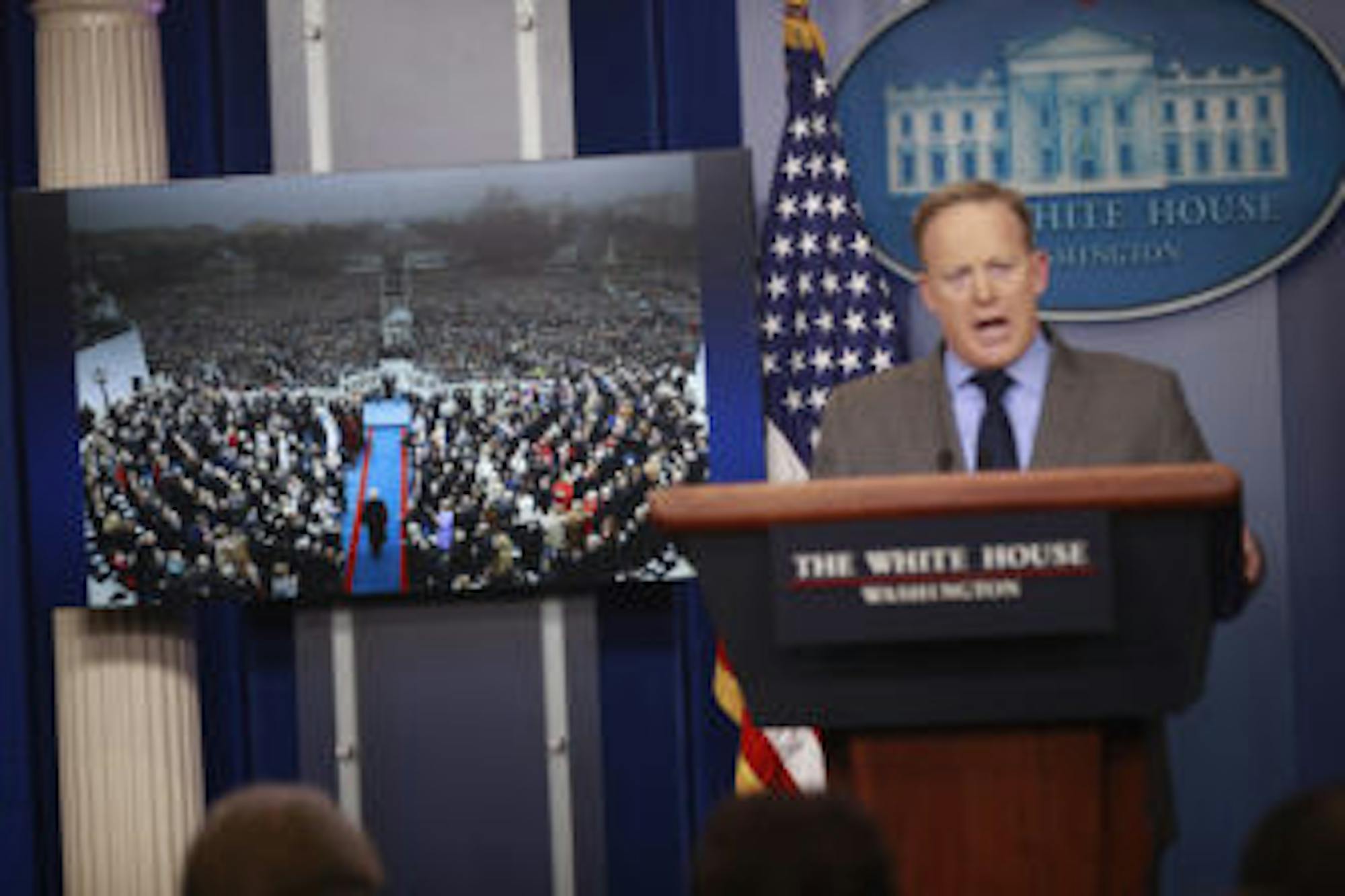 White House press secretary Sean Spicer during a briefing at the White House, Jan. 21, 2017. President Donald Trump and his press secretary excoriated the news media for what they said were deliberate efforts to understate the number of people at the inauguration.