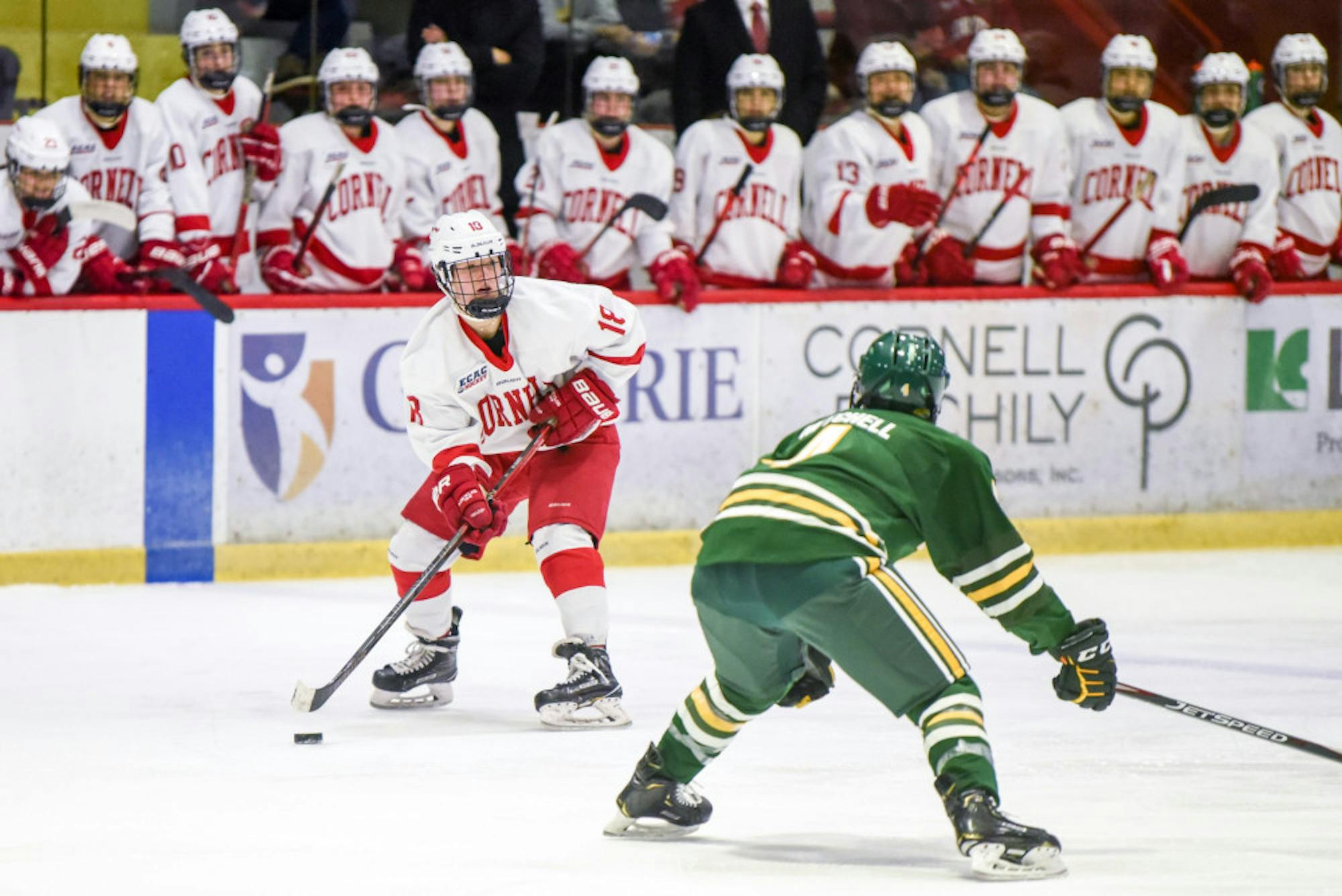 Senior forward Paige Lewis advances the puck at the women's hockey game against Clarkson on Friday. (Boris Tsang/Sun Photography Editor)
