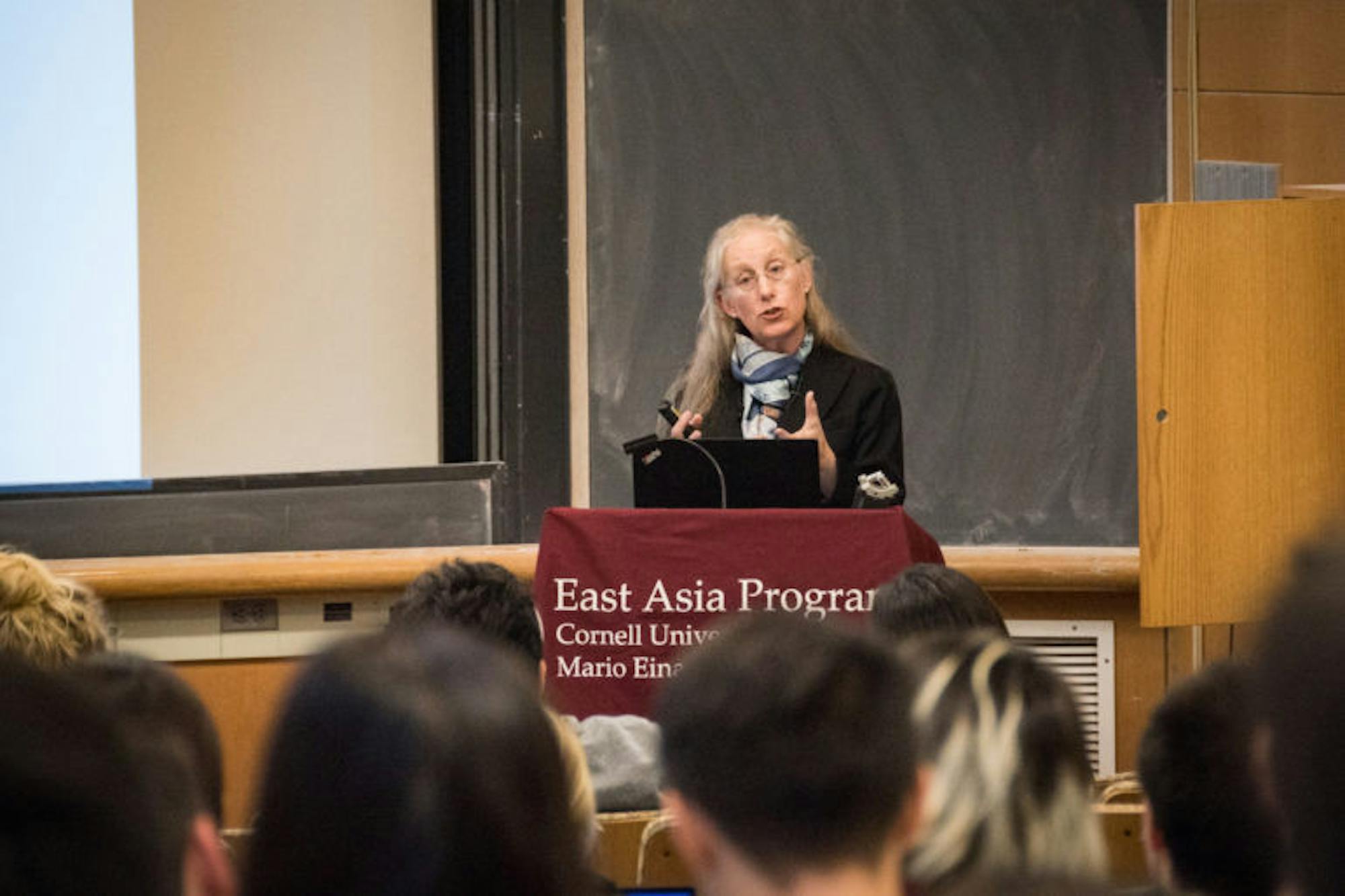 Prof. Karen Eggleston, Asia-Pacific studies, Stanford University, spoke on the difficulties faced by China's booming healthcare system on Monday. (Alice Song / Sun Staff Photographer)