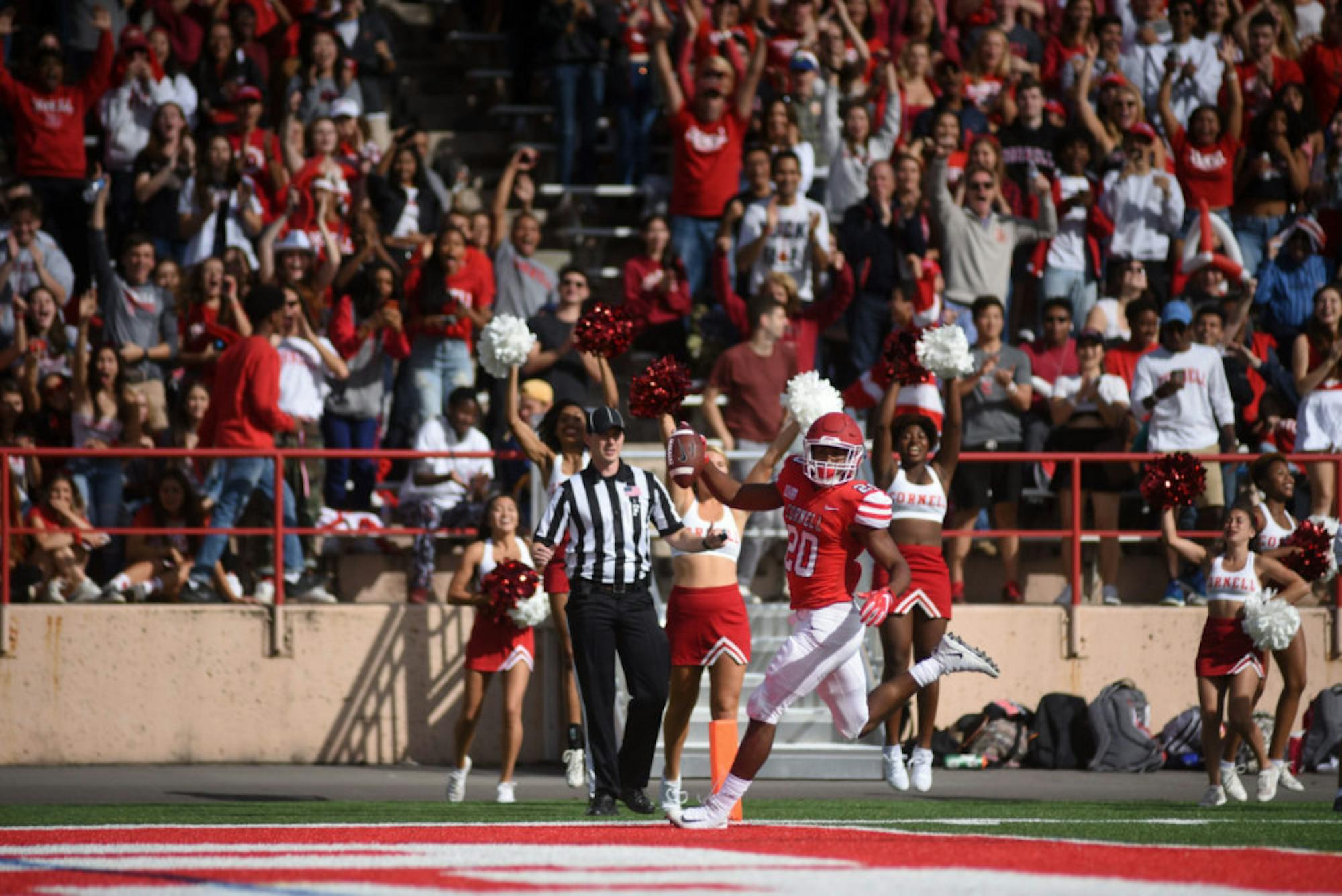 Junior running back Harold Coles celebrates his second touchdown of the day, a 58-yard catch and run. The junior had 130 yards in what was otherwise another lackluster showing for the Cornell offense.