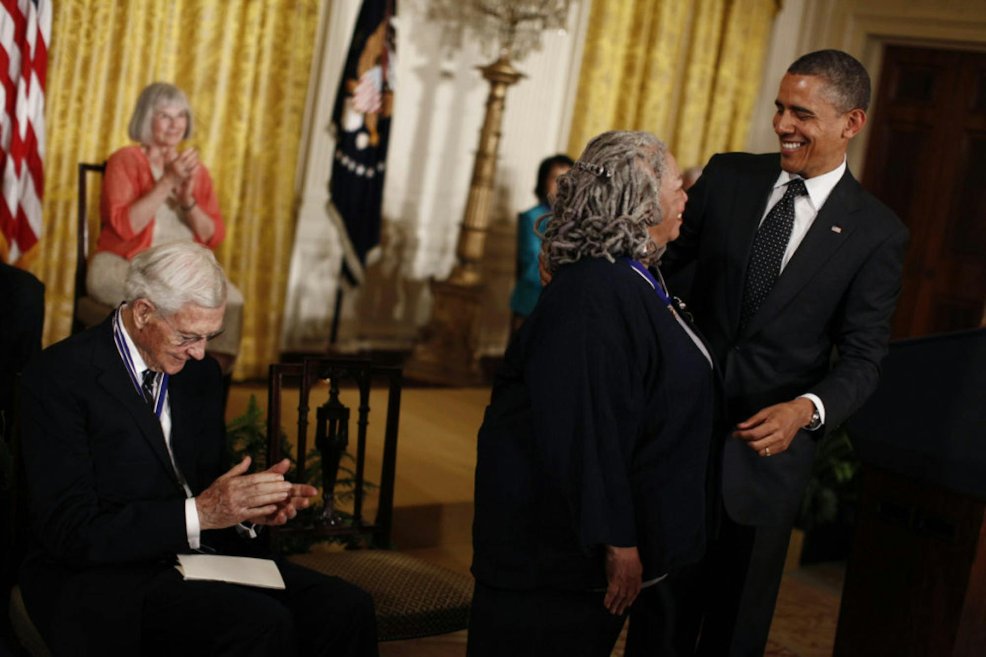 Toni Morrison M.A. '55 and President Barack Obama at the Presidential Medal of Freedom ceremony.