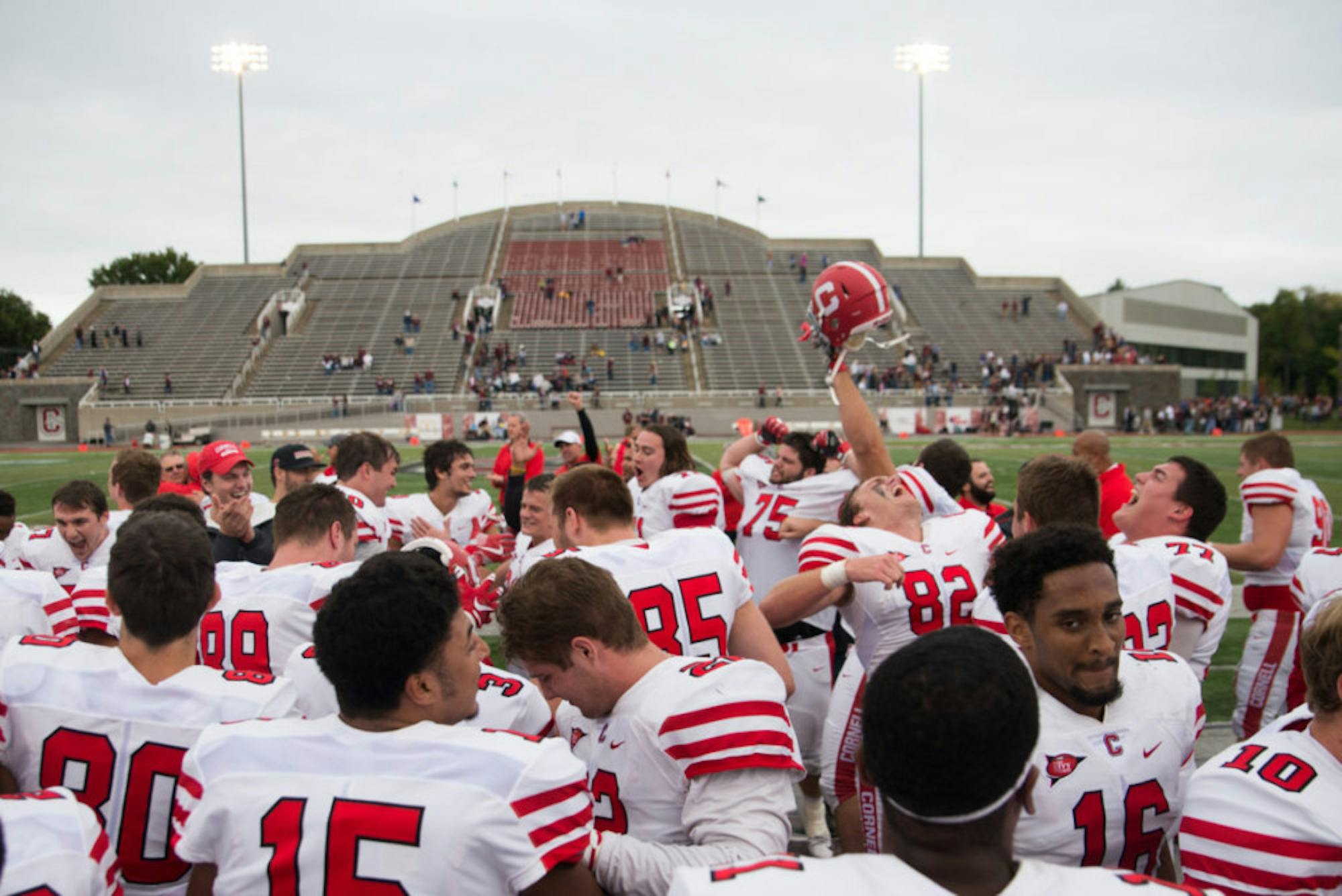Cornell football celebrates its shocking win over Colgate two years ago. For the first time since 'The Comeback,' Cornell returns to Hamilton this weekend.