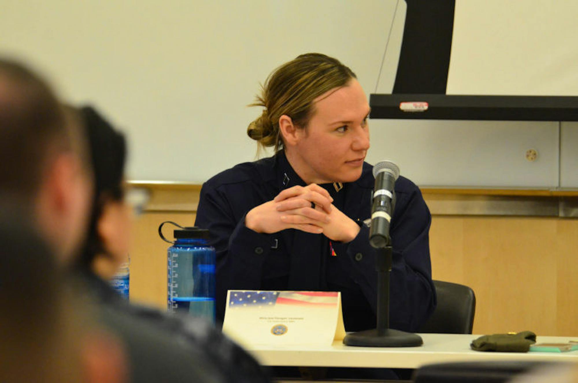 Lt. Alicia Jane Flanagan was one of six military women who spoke in a panel honoring Women's History Month on Wednesday.