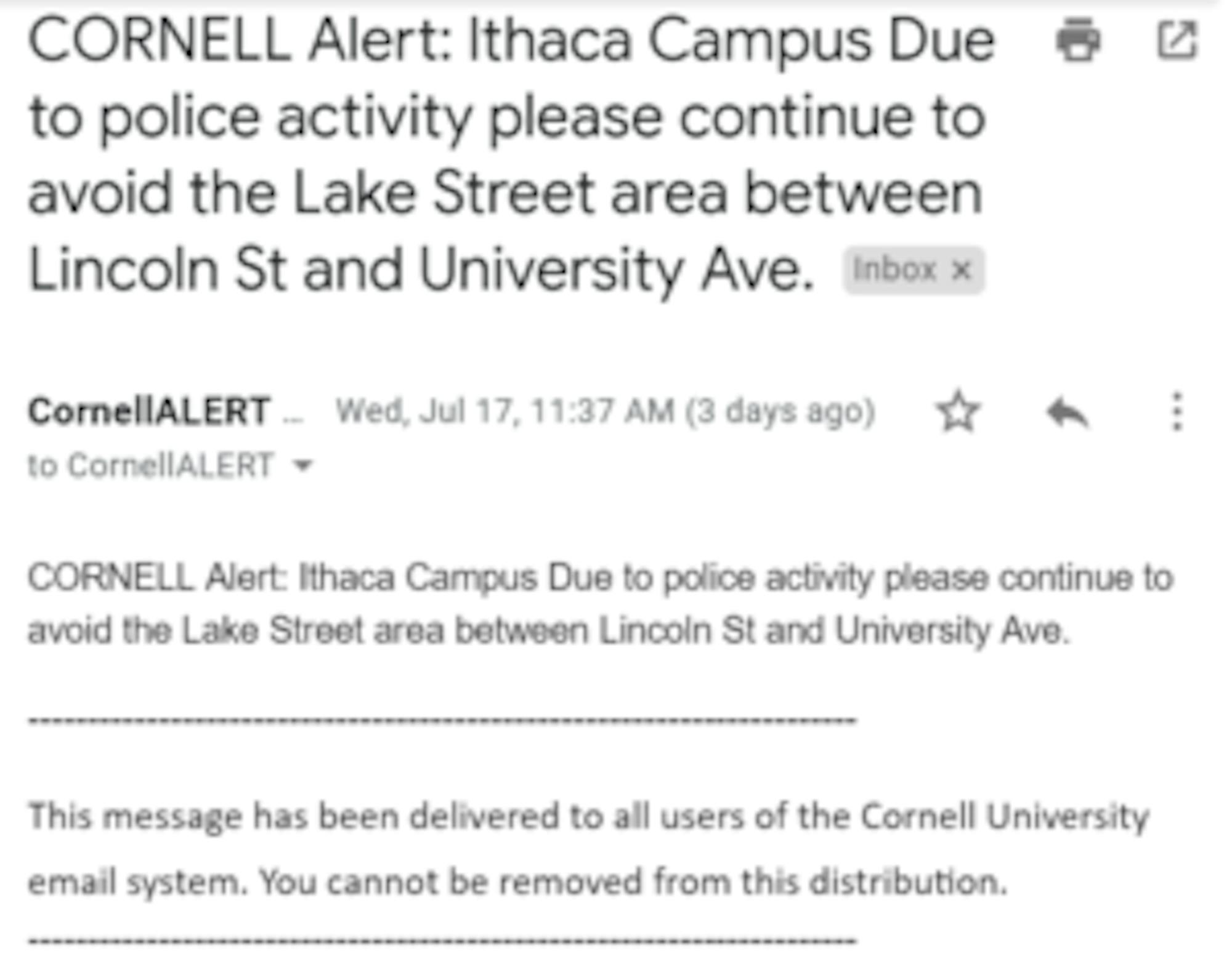 Alerts were sent out every half hour to everyone on the Cornell email system.