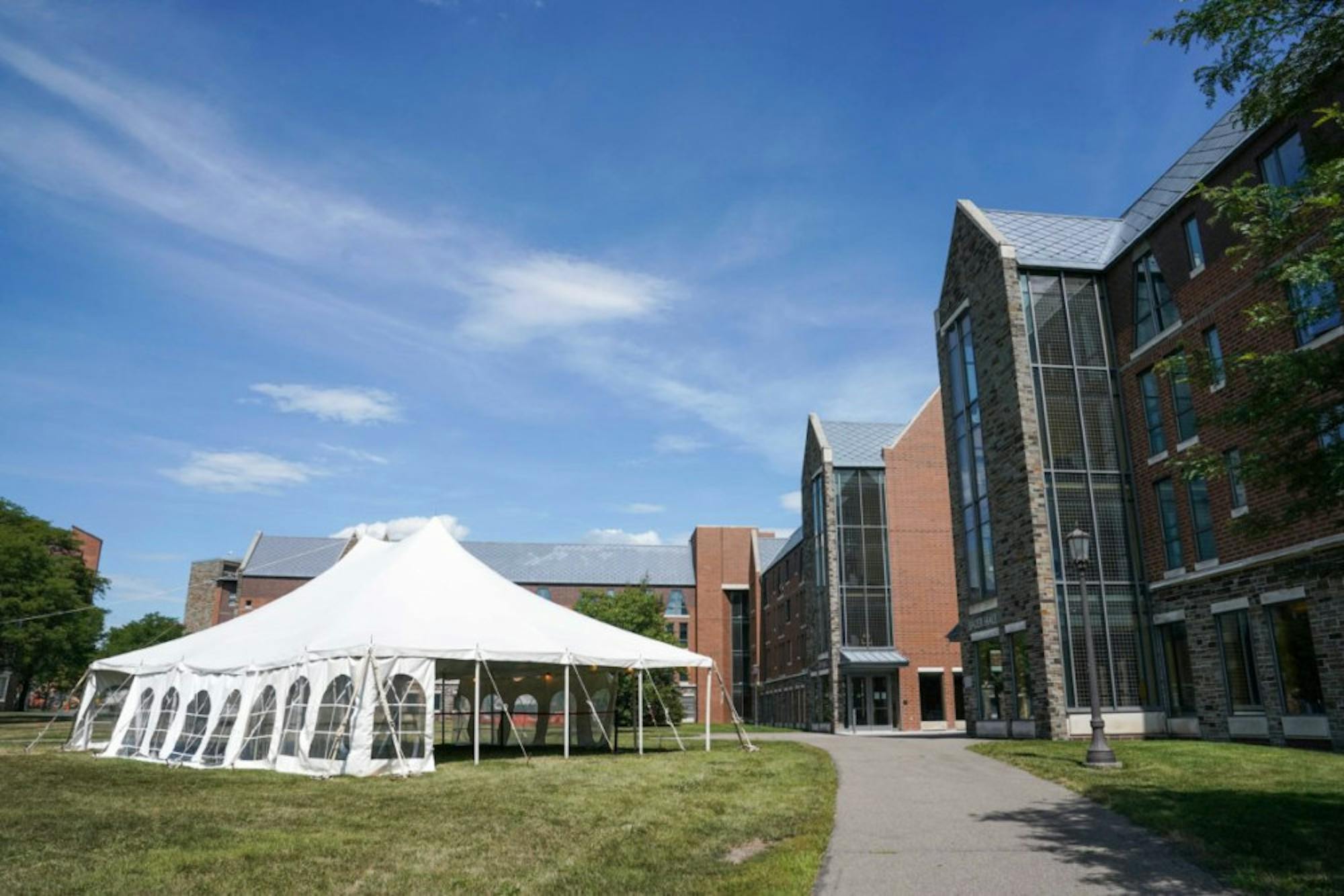 Students quarantining on North Campus leave their dorms once per day to pick up food from a tent on the Court-Kay-Bauer quad.