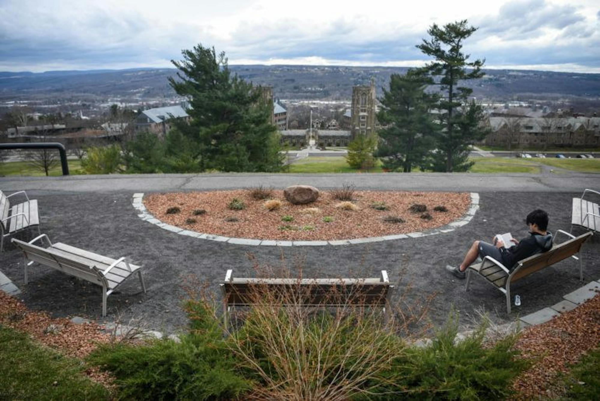 A student reads a book at the top of Libe Slope on Friday. (Boris Tsang/Sun Photography Editor)