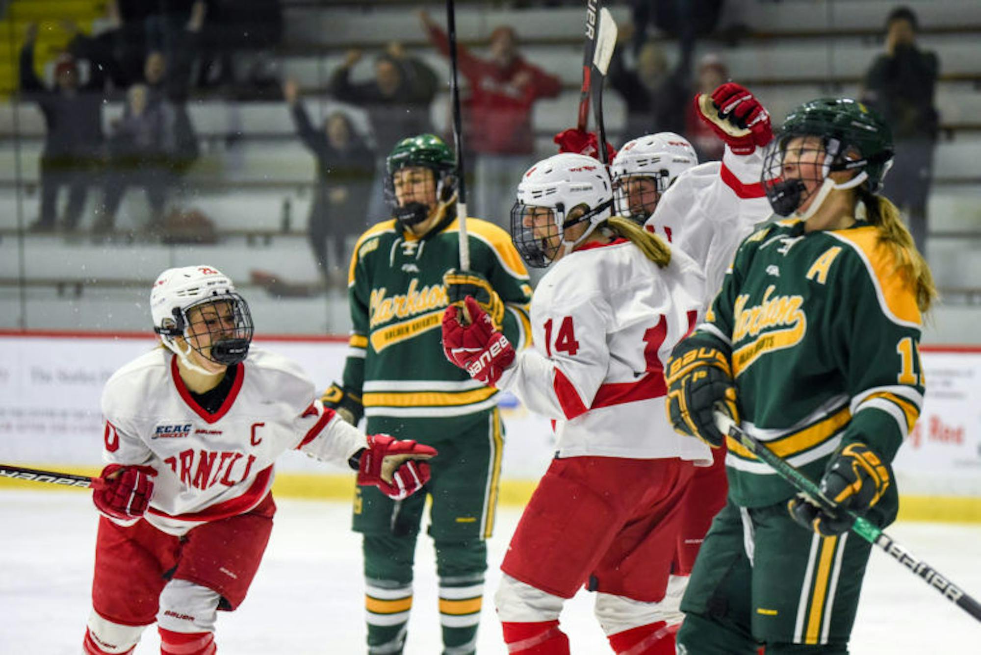 The women's hockey team celebrates after junior defenseman Jaime Bourbonnais scores Cornell's second goal against Clarkson on Saturday. The goal put the Red up 2-1 en route a 3-1 victory over the two-time defending national champions. (Boris Tsang / Sun Assistant Photography Editor)