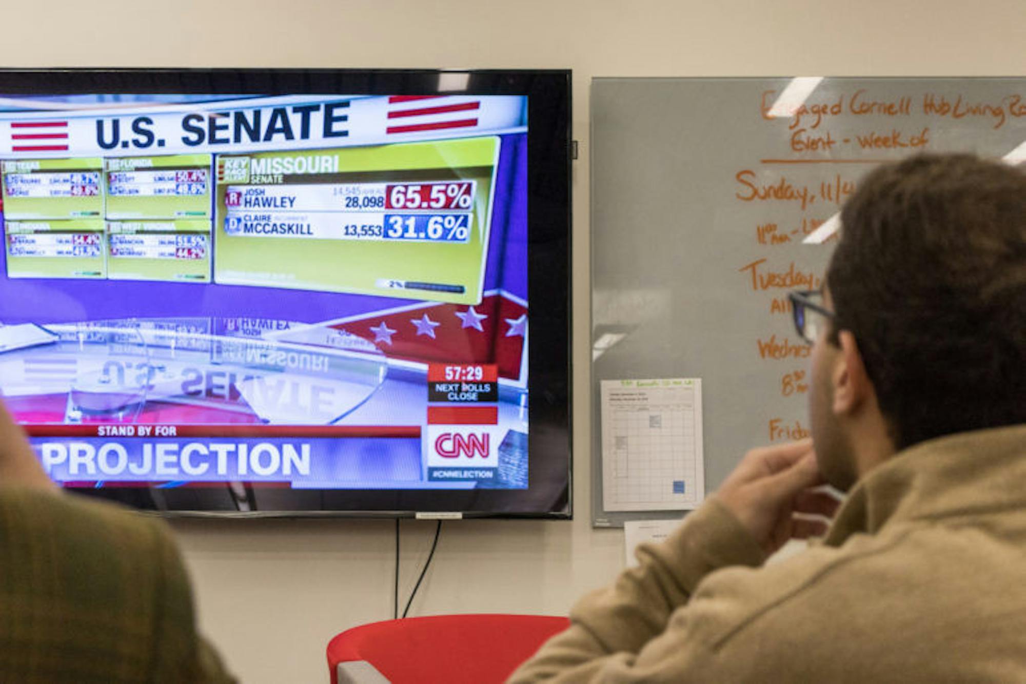 Students also gathered at a watch party at Kennedy Hall. (Anant Sriram / Sun Staff Photographer)