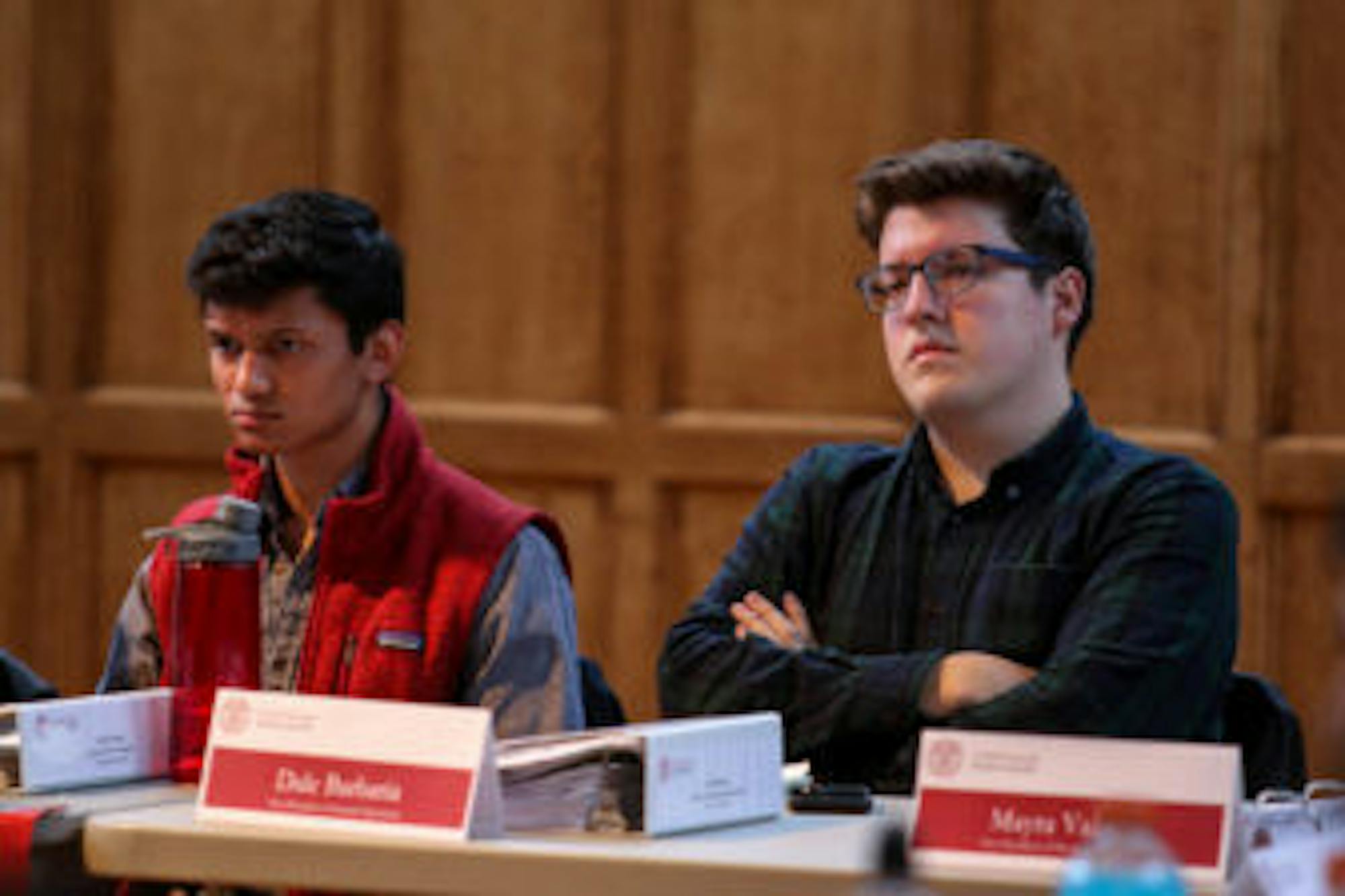 The candidates for Student Assembly president, Varun Devatha '19 and Dale Barbaria '19, at an S.A. meeting on Thursday, April 12, 2018.