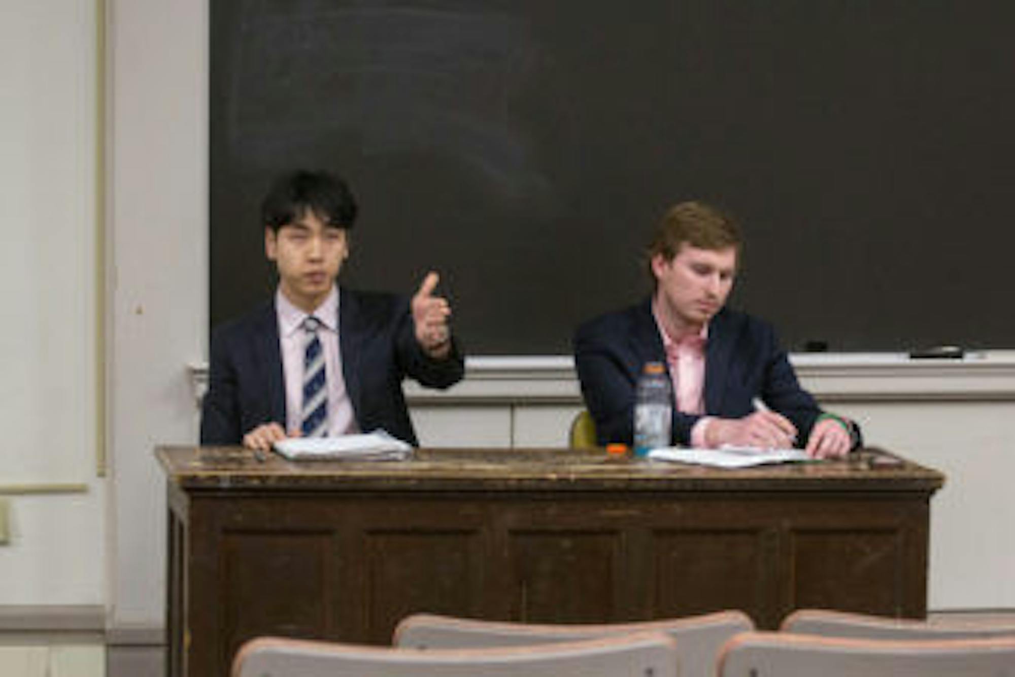Student Assembly presidential candidates Jung Won Kim '18 and Matthew Indimine '18 debate for the upcoming election.