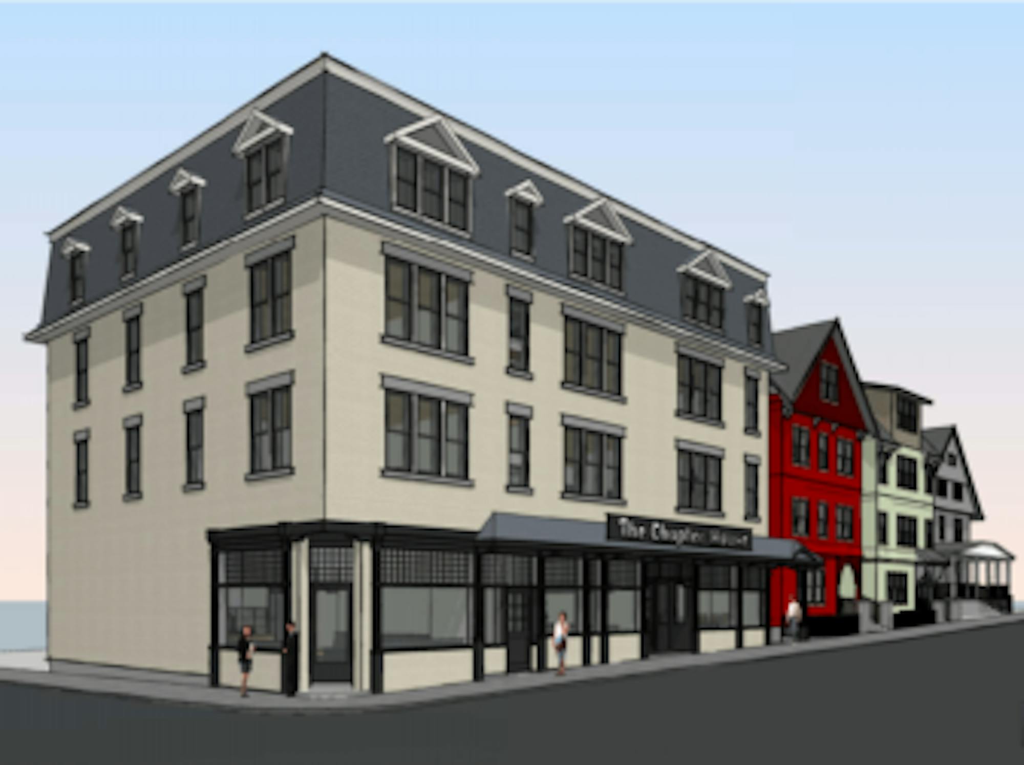 A rendering shows plans for a new Chapter House structure, which will connect to the upper floors of two adjacent houses to the North.